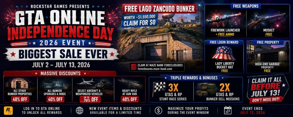 GTA Online's Biggest Sale Ever: Free Lago Zancudo Bunker, Free Weapons, Triple Rewards Through July 13 by GTA6 Daily
